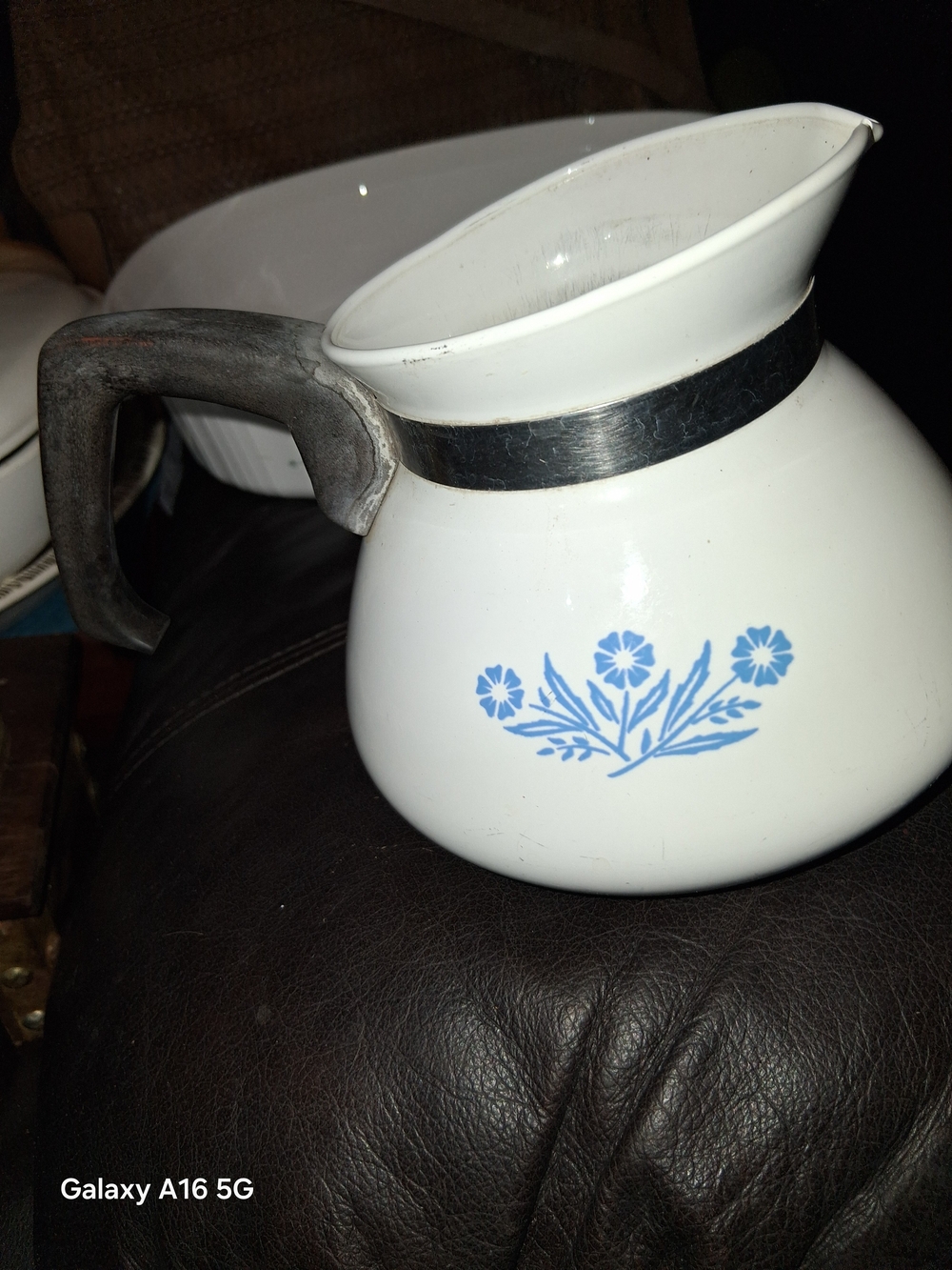 White Enamel Pitcher with Blue Floral Motif - Classic Kitchen Serveware